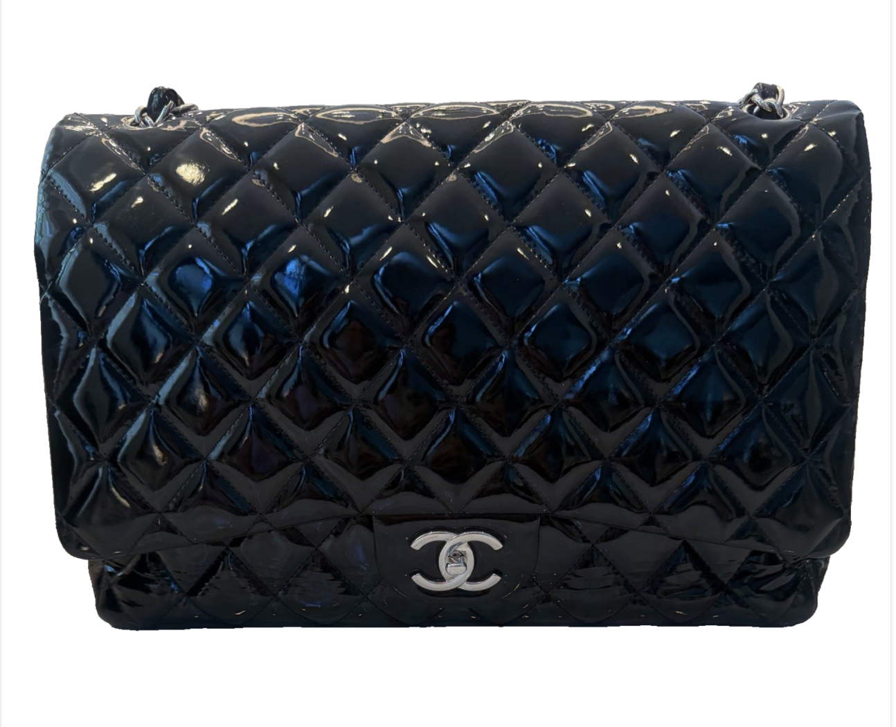 Chanel Classic Jumbo Double Flap w/Silver Hardware - Black Patent Leather