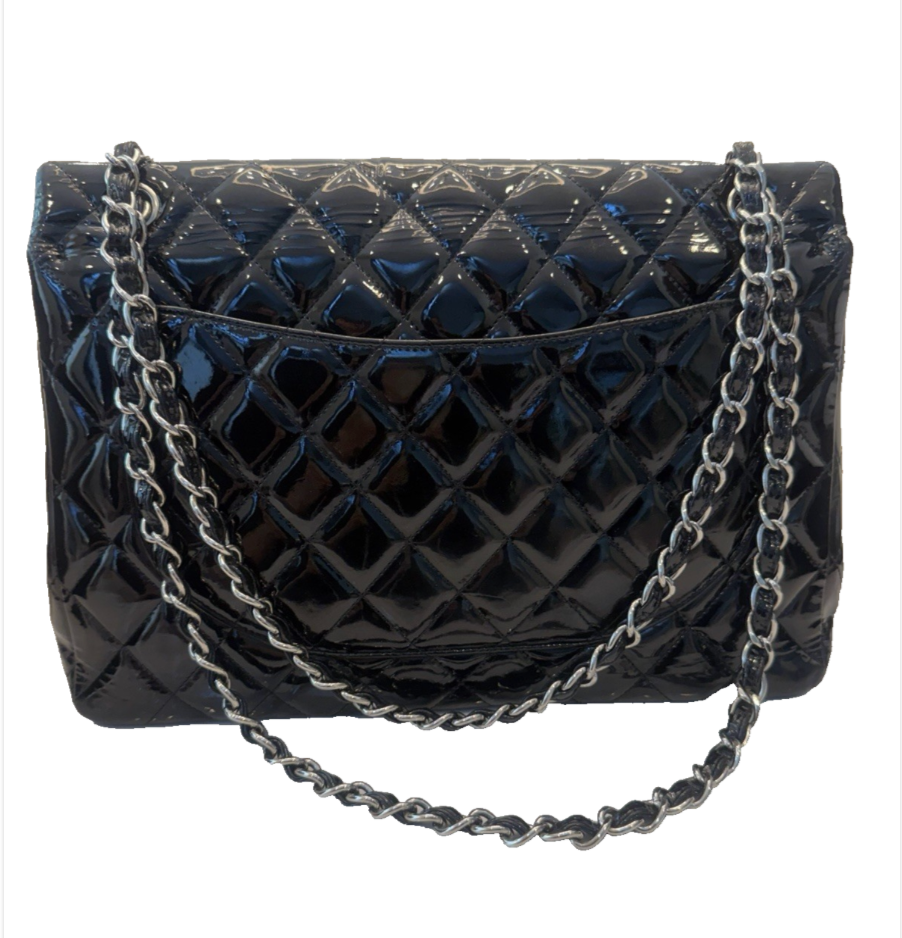 Chanel Classic Jumbo Double Flap w/Silver Hardware - Black Patent Leather