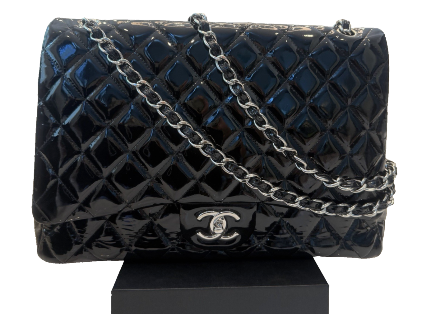 Chanel Classic Jumbo Double Flap w/Silver Hardware - Black Patent Leather
