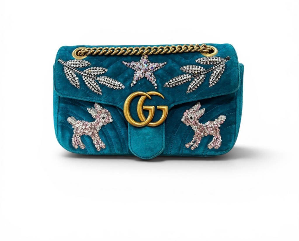 Gucci Small Velvet Embellished Fawn Marmont - Teal