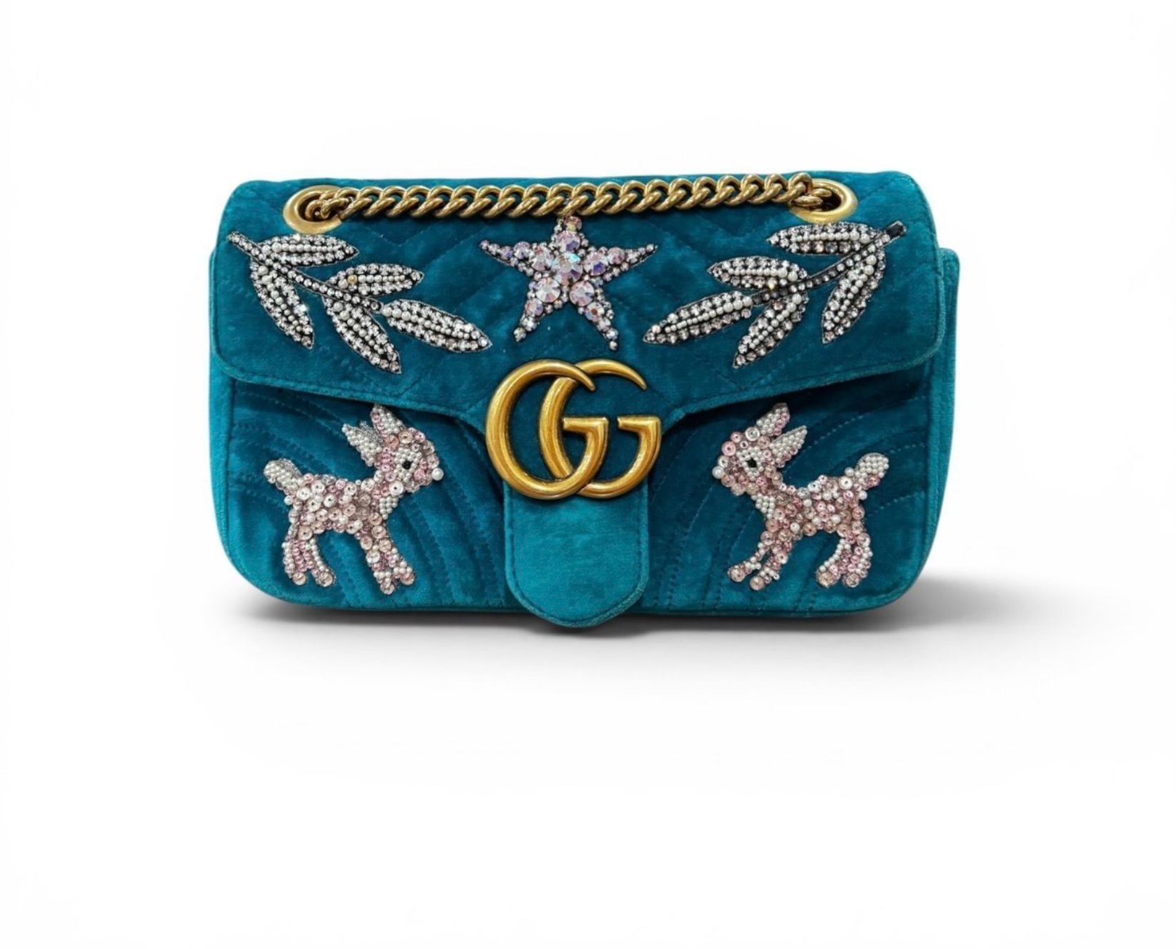 Gucci Small Velvet Embellished Fawn Marmont - Teal