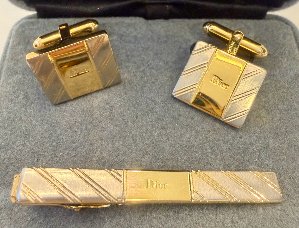 Christian Dior Cufflinks and Tie Clip Set Silver-Tone Authenticated Pre-Owned
