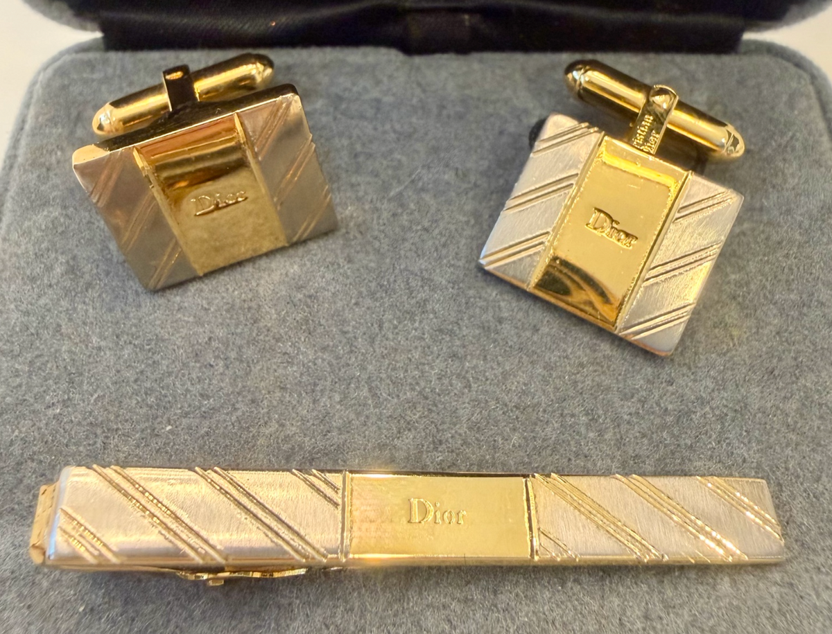 Christian Dior Cufflinks and Tie Clip Set Silver-Tone Authenticated Pre-Owned