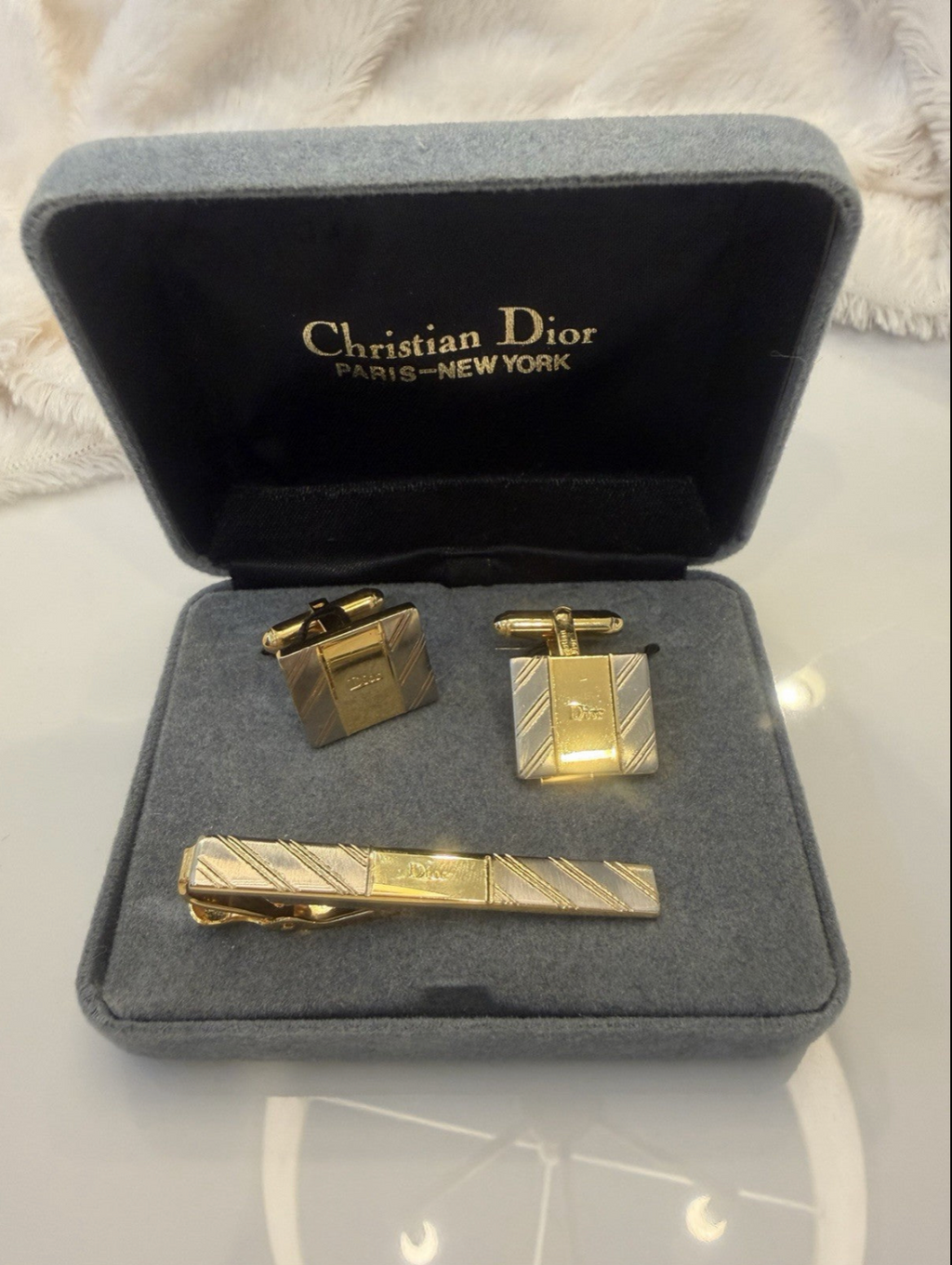 Christian Dior Cufflinks and Tie Clip Set Silver-Tone Authenticated Pre-Owned