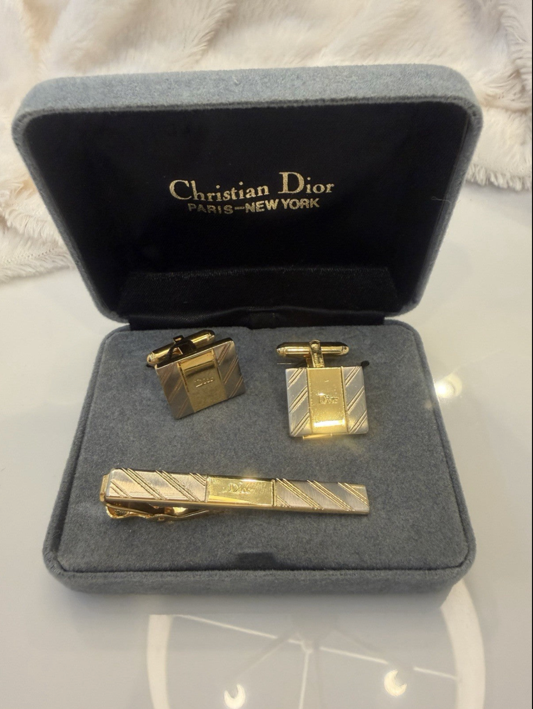 Christian Dior Cufflinks and Tie Clip Set Silver-Tone Authenticated Pre-Owned