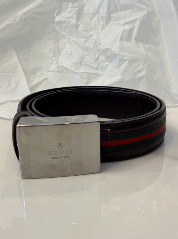 Gucci Web Stripe Belt 40" Silver Plaque Buckle Pre-Owned