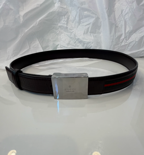 Gucci Web Stripe Belt 40" Silver Plaque Buckle Pre-Owned