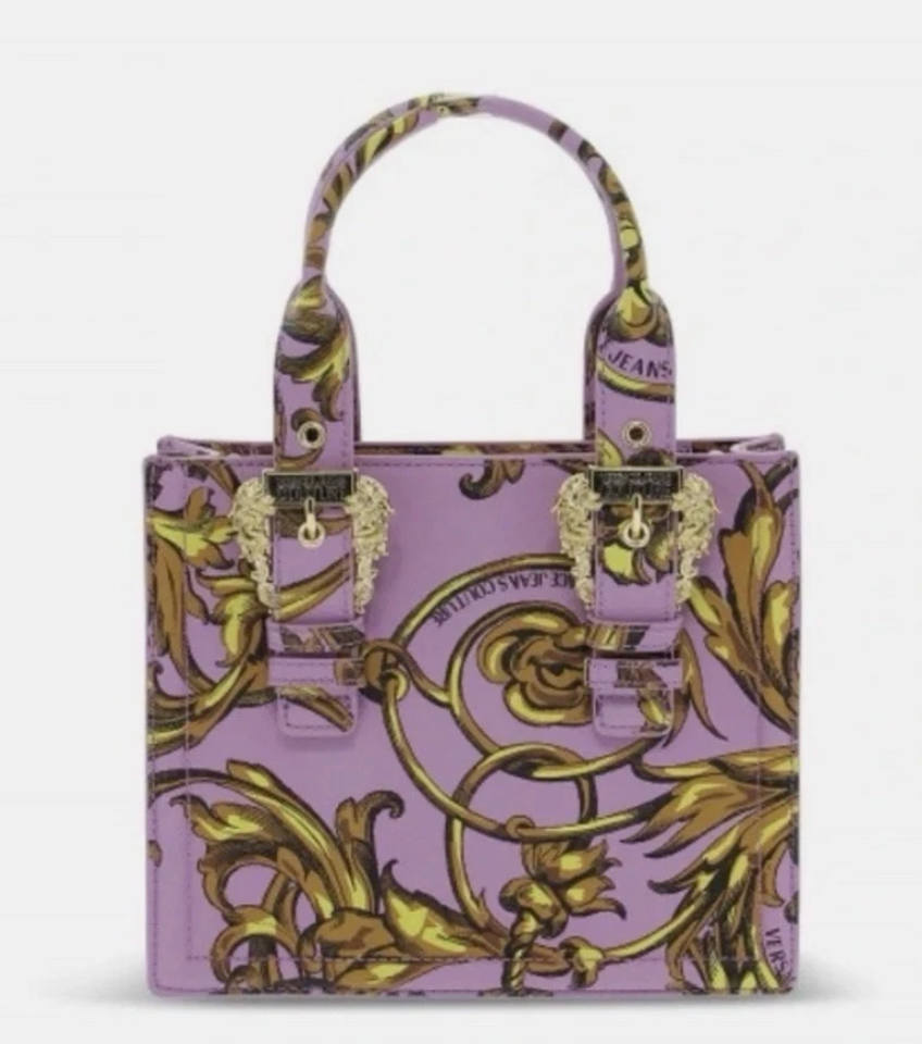 Versace Jeans Couture Baroque Purple/Gold Tote Bag Zip Top Handle w/ Dust Bag