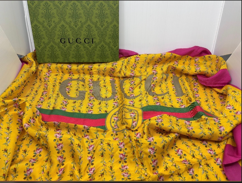 Gucci Silk Floral Scarf — Yellow & Pink Flowers with Sherry Line Logo, With Tag & Box