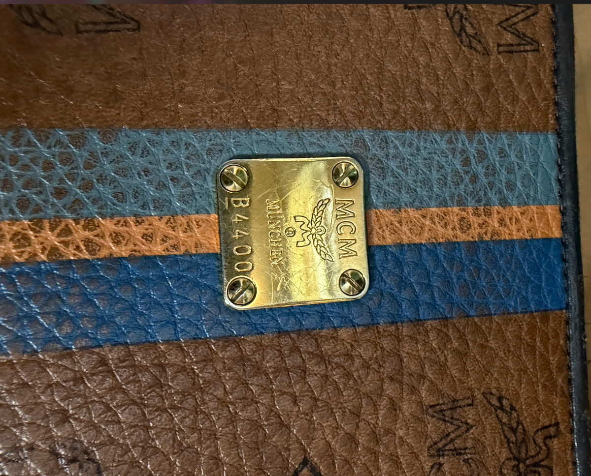 MCM Cognac Visetos Zippered Wallet with Blue Stripe