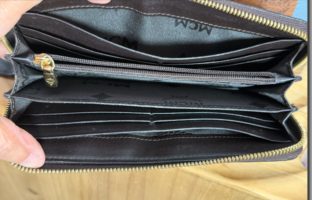 MCM Cognac Visetos Zippered Wallet with Blue Stripe