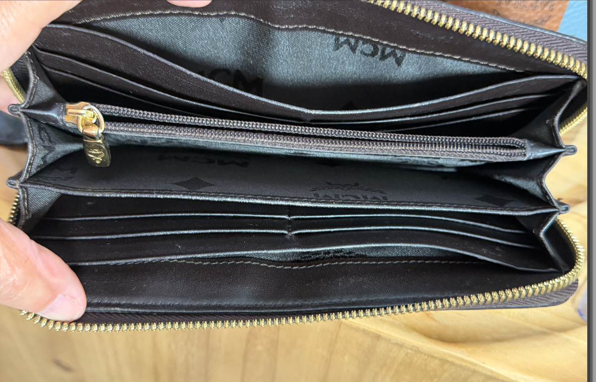 MCM Cognac Visetos Zippered Wallet with Blue Stripe