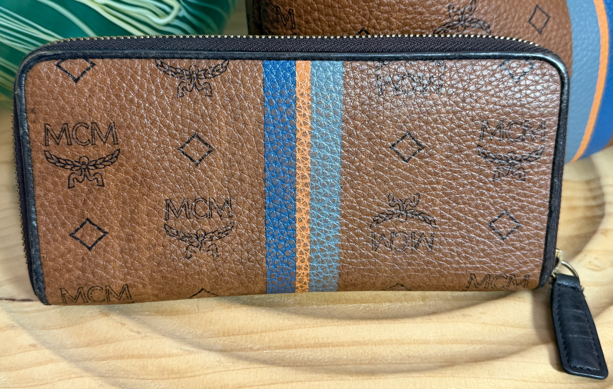 MCM Cognac Visetos Zippered Wallet with Blue Stripe