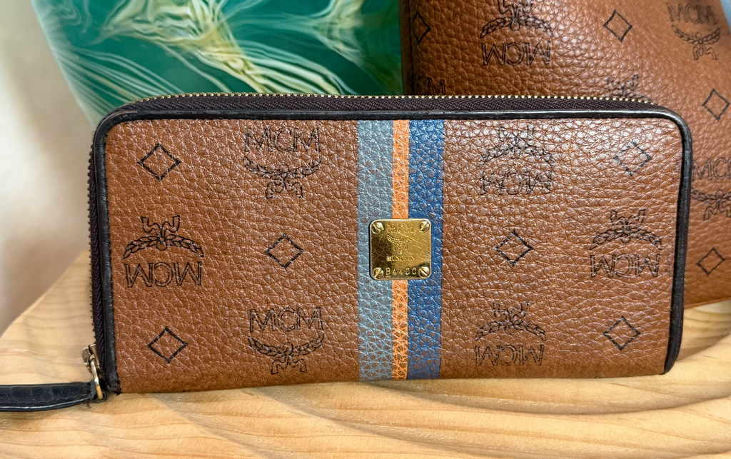 MCM Cognac Visetos Zippered Wallet with Blue Stripe