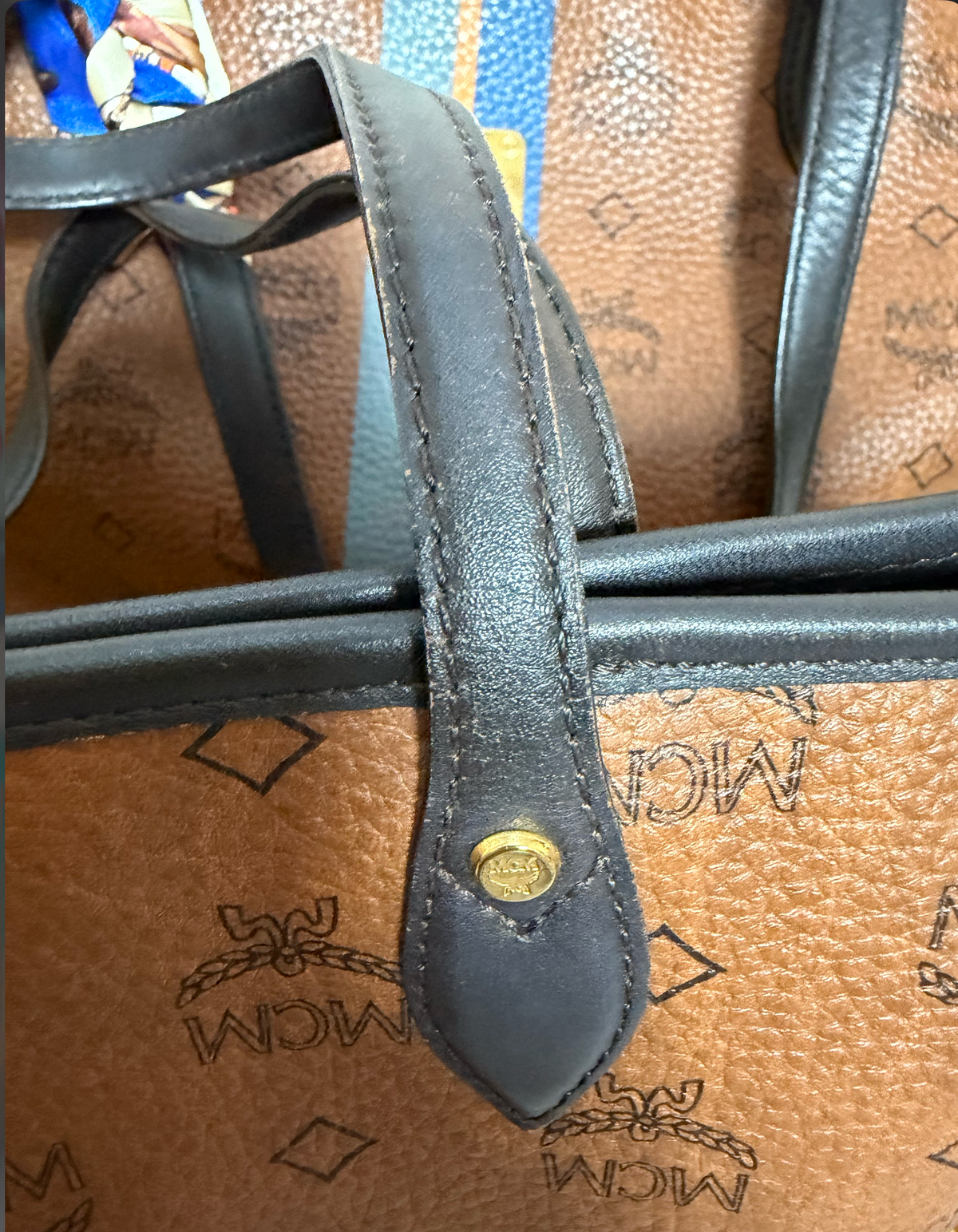 MCM Cognac Visetos Medium Tote with Blue Stripe