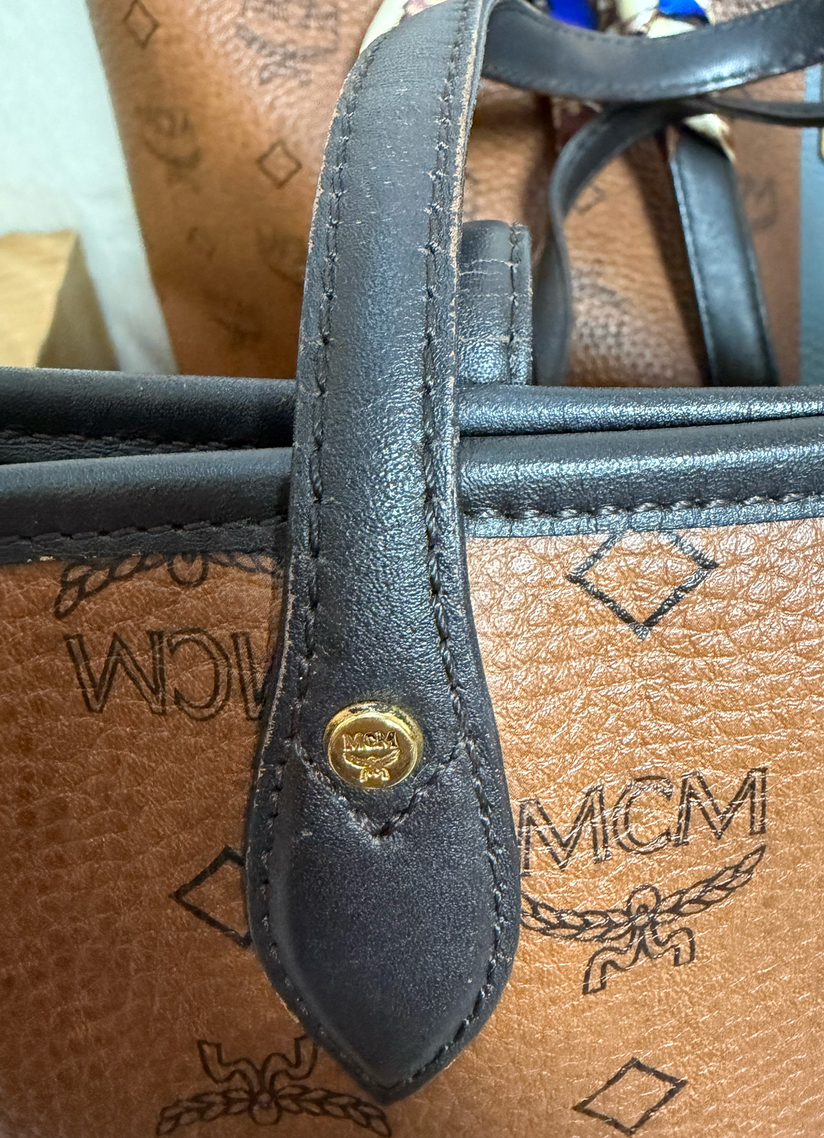 MCM Cognac Visetos Medium Tote with Blue Stripe