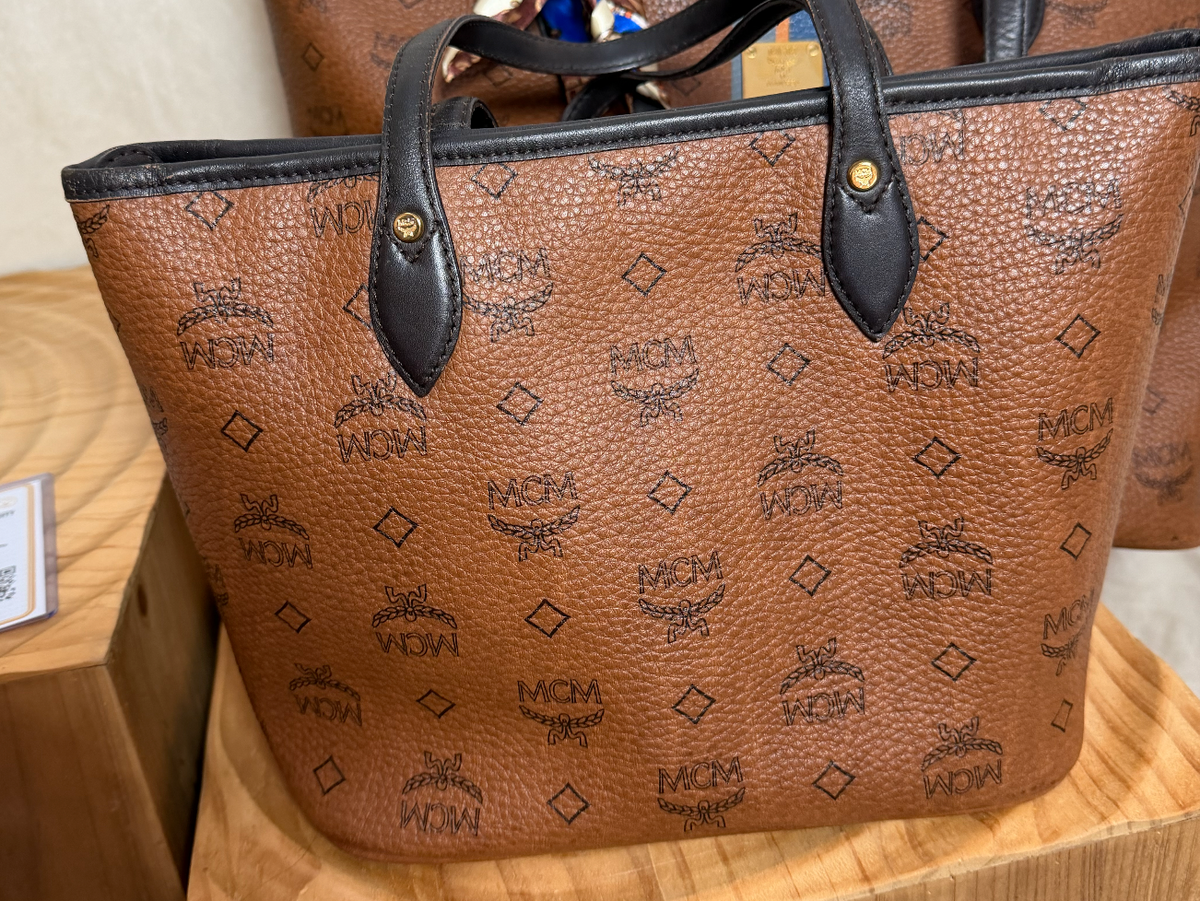 MCM Cognac Visetos Medium Tote with Blue Stripe