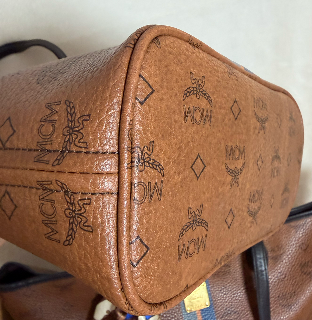 MCM Cognac Visetos Medium Tote with Blue Stripe