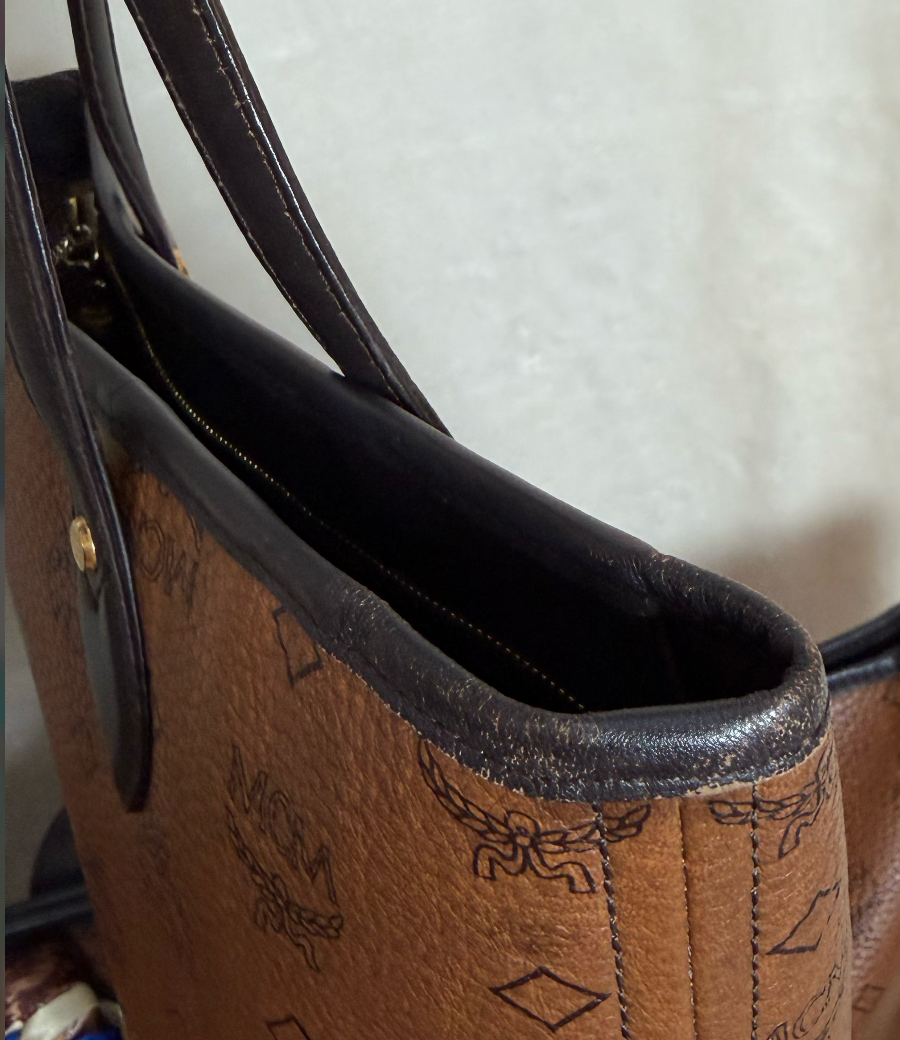 MCM Cognac Visetos Medium Tote with Blue Stripe