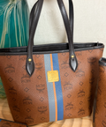 MCM Cognac Visetos Medium Tote with Blue Stripe