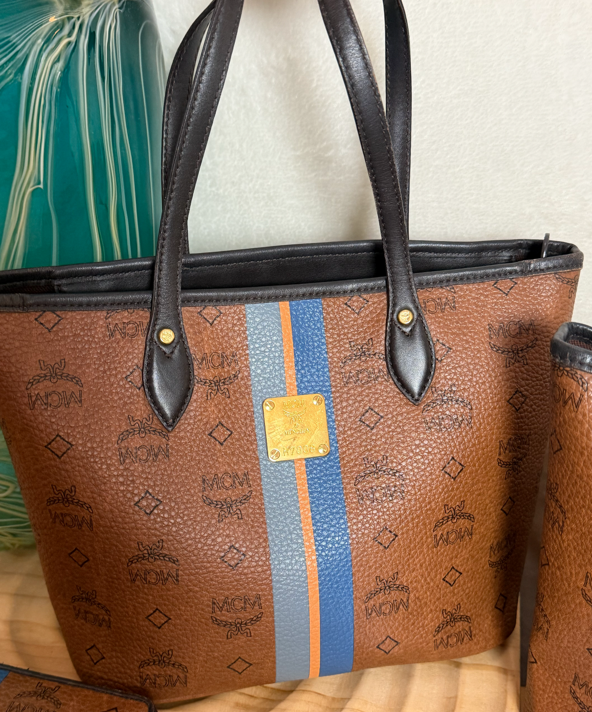 MCM Cognac Visetos Medium Tote with Blue Stripe