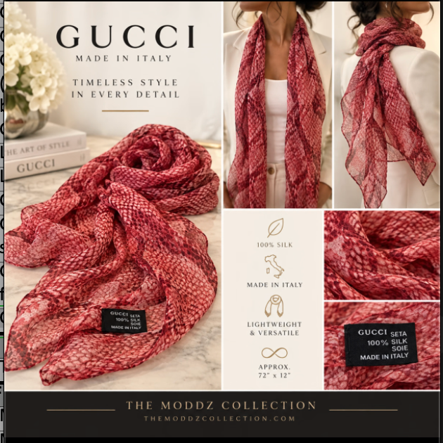 Gucci Silk Scarf — Dusty Rose Snake Scale Print, 100% Silk, Made in Italy