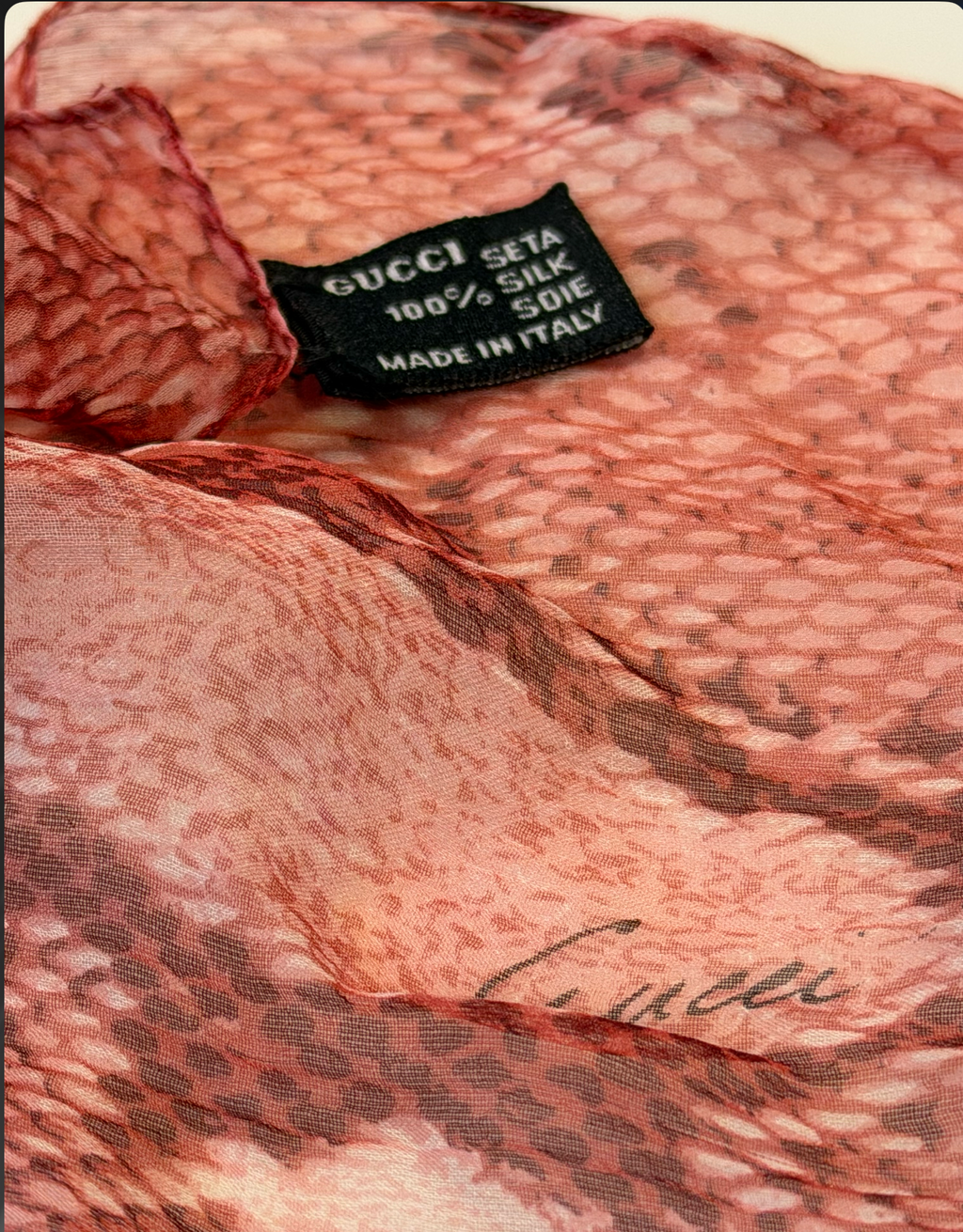 Gucci Silk Scarf — Dusty Rose Snake Scale Print, 100% Silk, Made in Italy