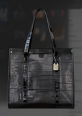 Gucci Black Mesh Tote - front view with patent leather trim and Gucci tag