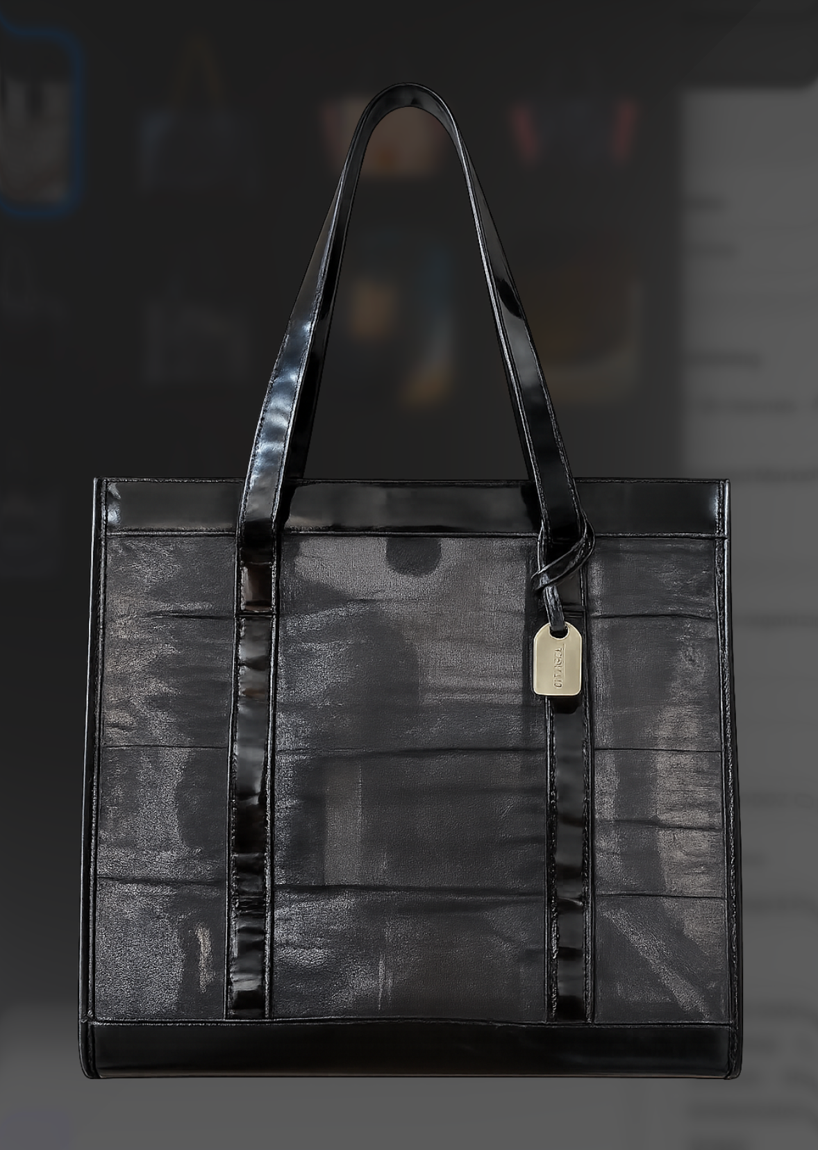 Gucci Black Mesh Tote - front view with patent leather trim and Gucci tag
