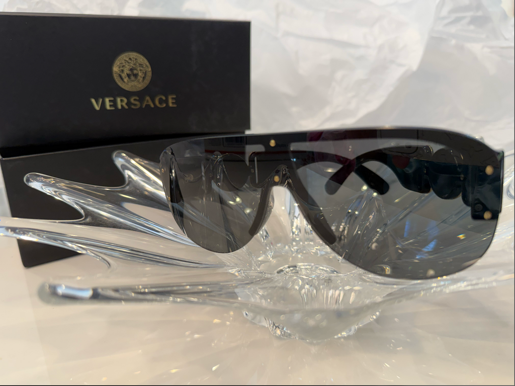 Versace VE4381 shield sunglasses rear view with gold Medusa temples and Versace box