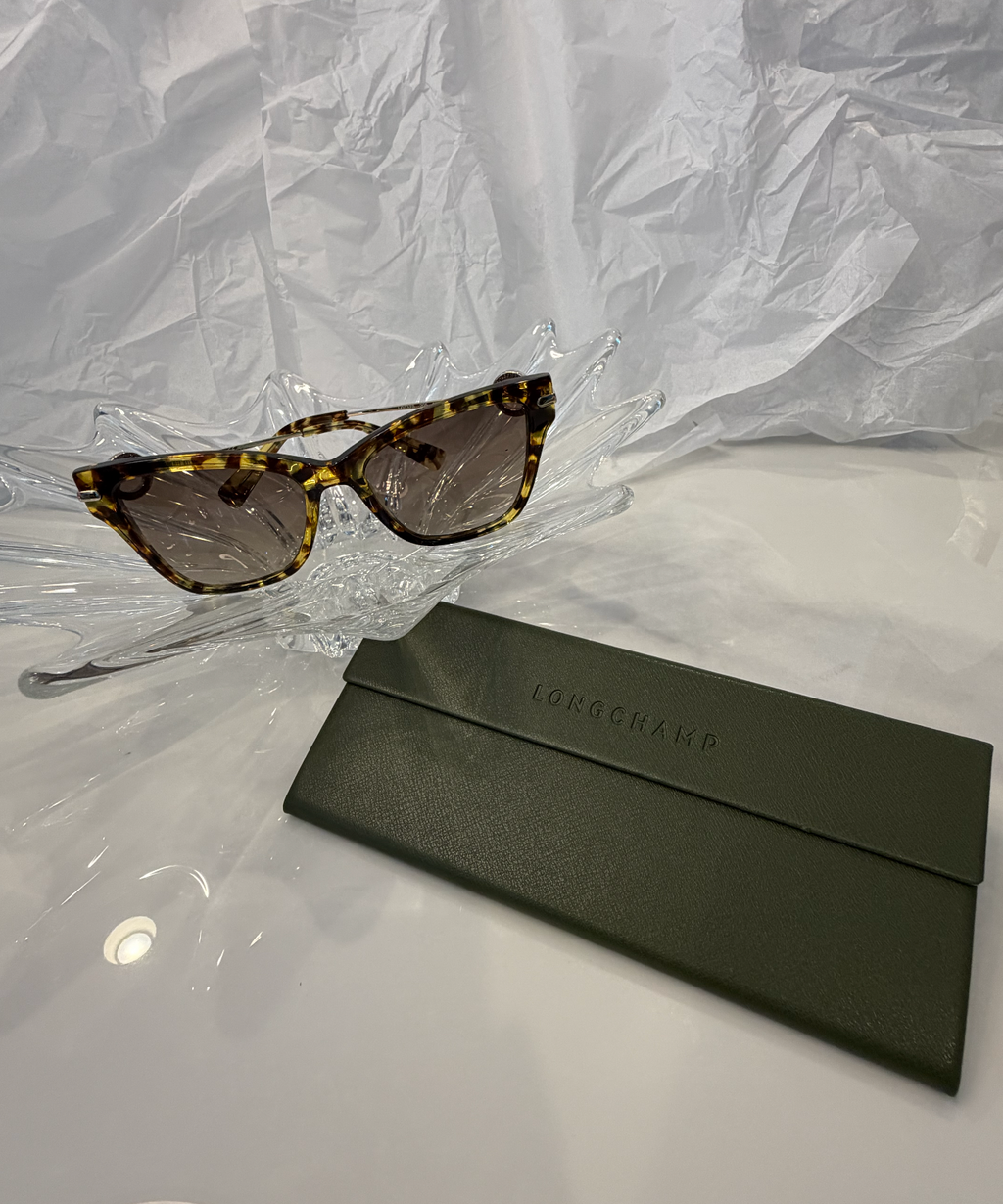 Longchamp LO737S tortoise shell sunglasses with original olive green Longchamp case