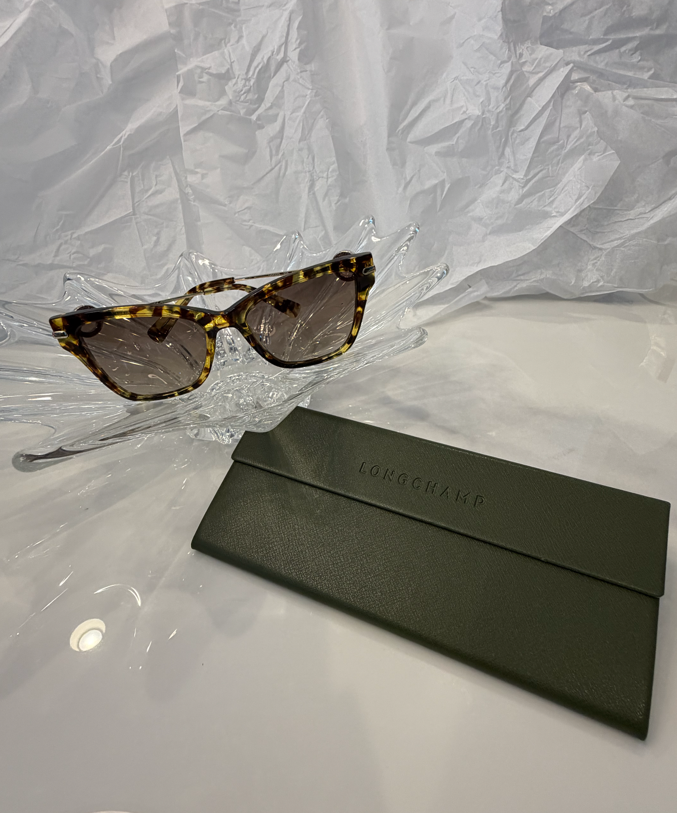 Longchamp LO737S tortoise shell sunglasses with original olive green Longchamp case