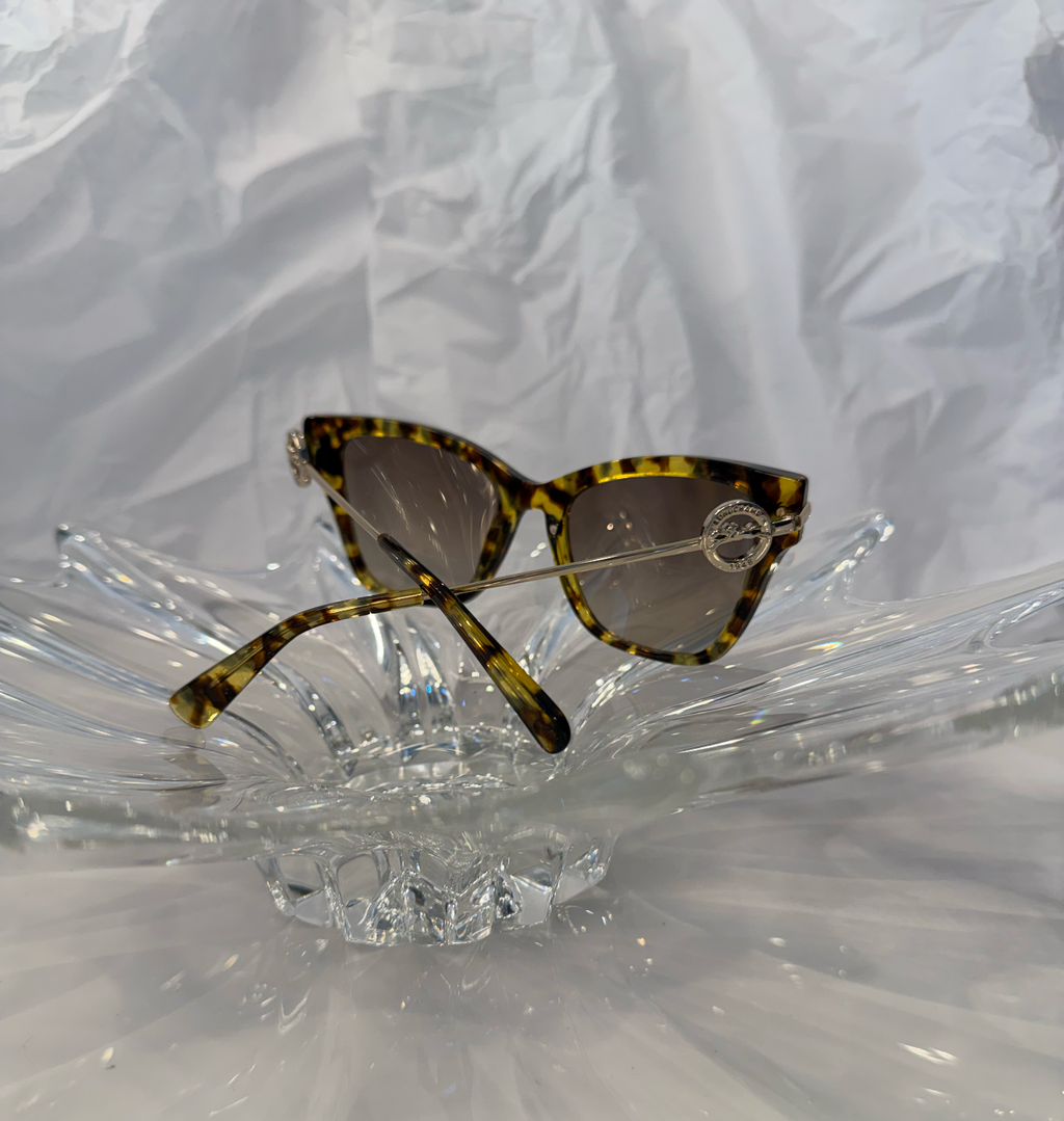 Longchamp LO737S Havana cat eye sunglasses rear view showing temples and Longchamp medallion