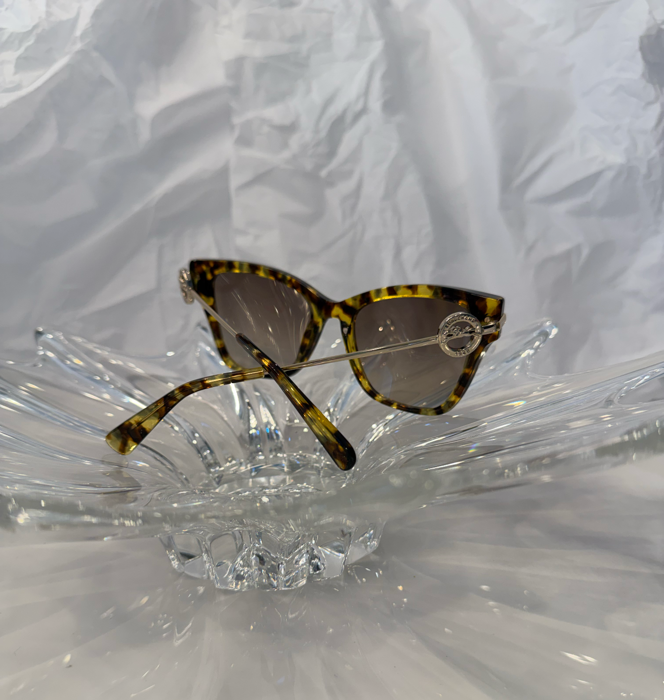 Longchamp LO737S Havana cat eye sunglasses rear view showing temples and Longchamp medallion