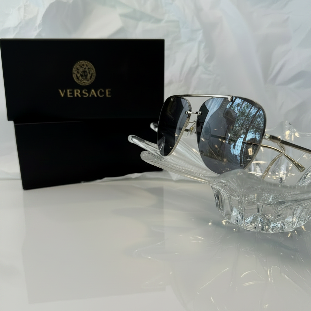 Versace MOD 2231 gold rimless aviator sunglasses back view showing gold double bridge and temples