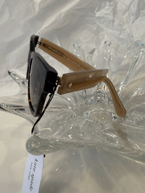 Kate Spade New York Hello Sunshine cat-eye sunglasses side angle view showing tortoise front and taupe temple