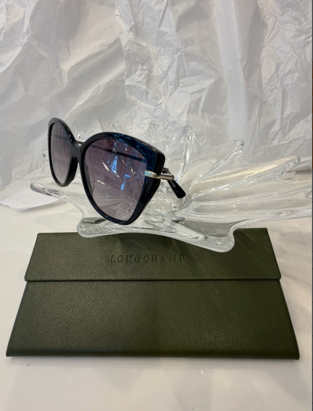 Longchamp LO627S black cat-eye sunglasses side view showing silver metal temple on crystal display