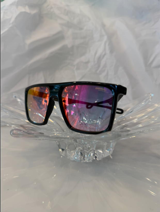 Carrera 4019/S Festival Edition black flat-top sunglasses side angle view showing gold CARRERA logo on temple