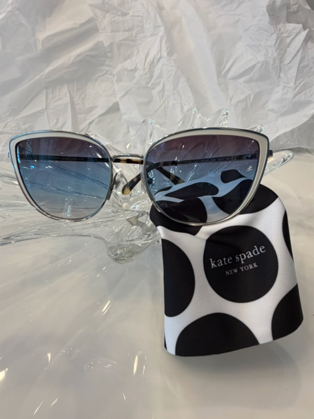 Kate Spade STACUG/S Hello Sunshine silver cat-eye sunglasses front view with original Kate Spade polka dot soft pouch