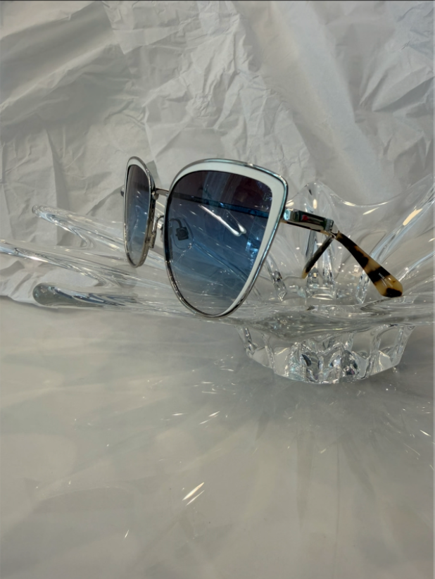 Kate Spade STACUG/S Hello Sunshine silver cat-eye sunglasses side view showing white acetate upper trim and blue gradient lenses
