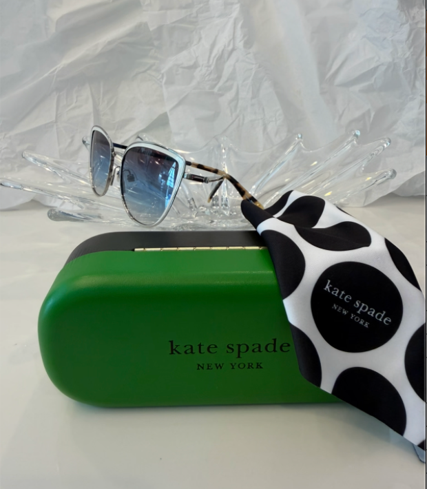 Kate Spade STACUG/S Hello Sunshine silver cat-eye sunglasses with original green Kate Spade hard case and polka dot soft pouch