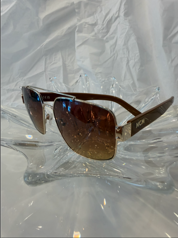 MCM MW0008 gold square aviator sunglasses side view showing brown tortoise acetate temple with embossed MCM logo