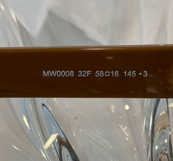 MCM MW0008 inner temple detail showing model MW0008 32F 58-16 145 star 3 measurements