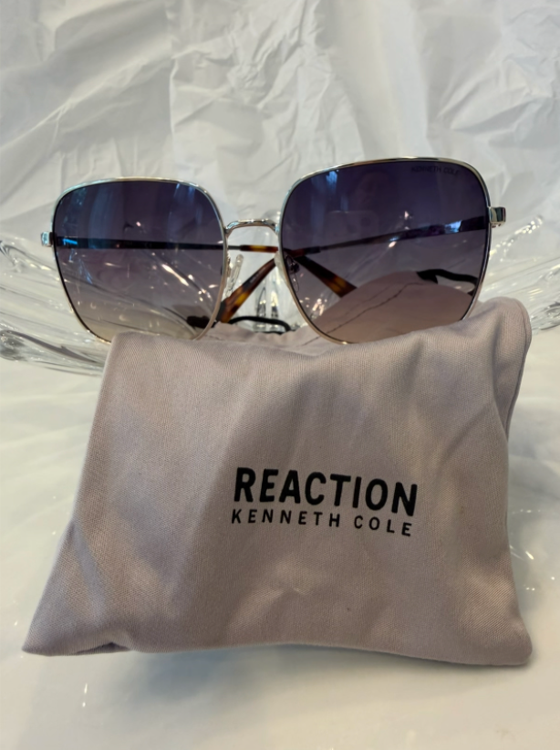 Kenneth Cole Reaction KC00025 silver oversized square sunglasses front view with original grey soft pouch