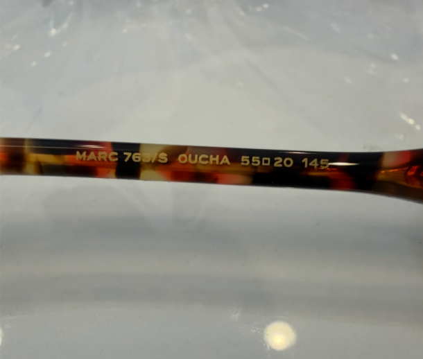 Marc Jacobs MARC 763/S second temple view showing MARC 763/S 0UCHA 55-20 145 engraving on havana tortoise