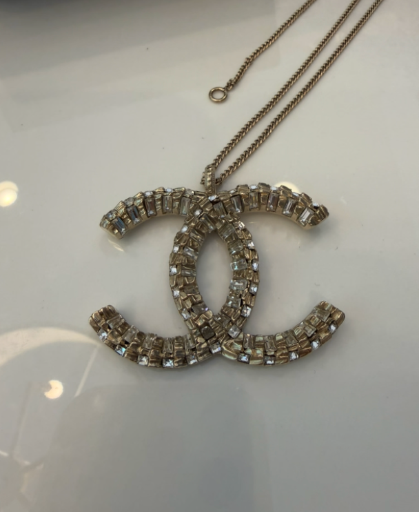 Chanel CC pendant rhinestone detail close-up with chain