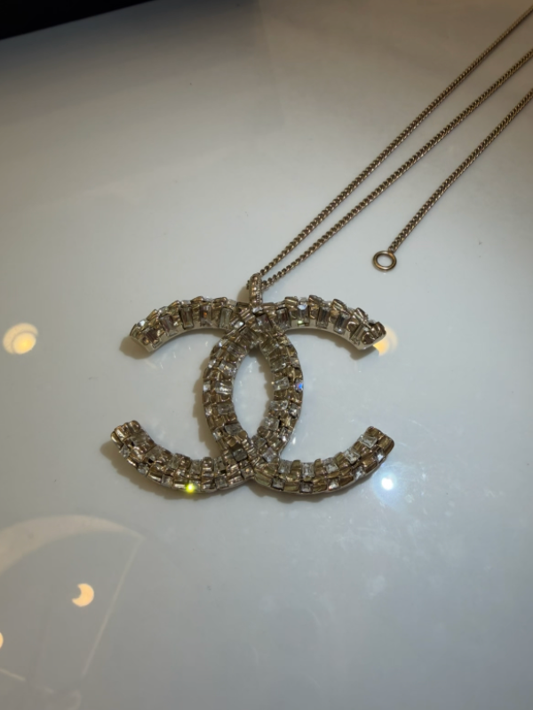 Chanel CC Oversized Rhinestone Pendant Necklace Silver-Tone Pre-Owned