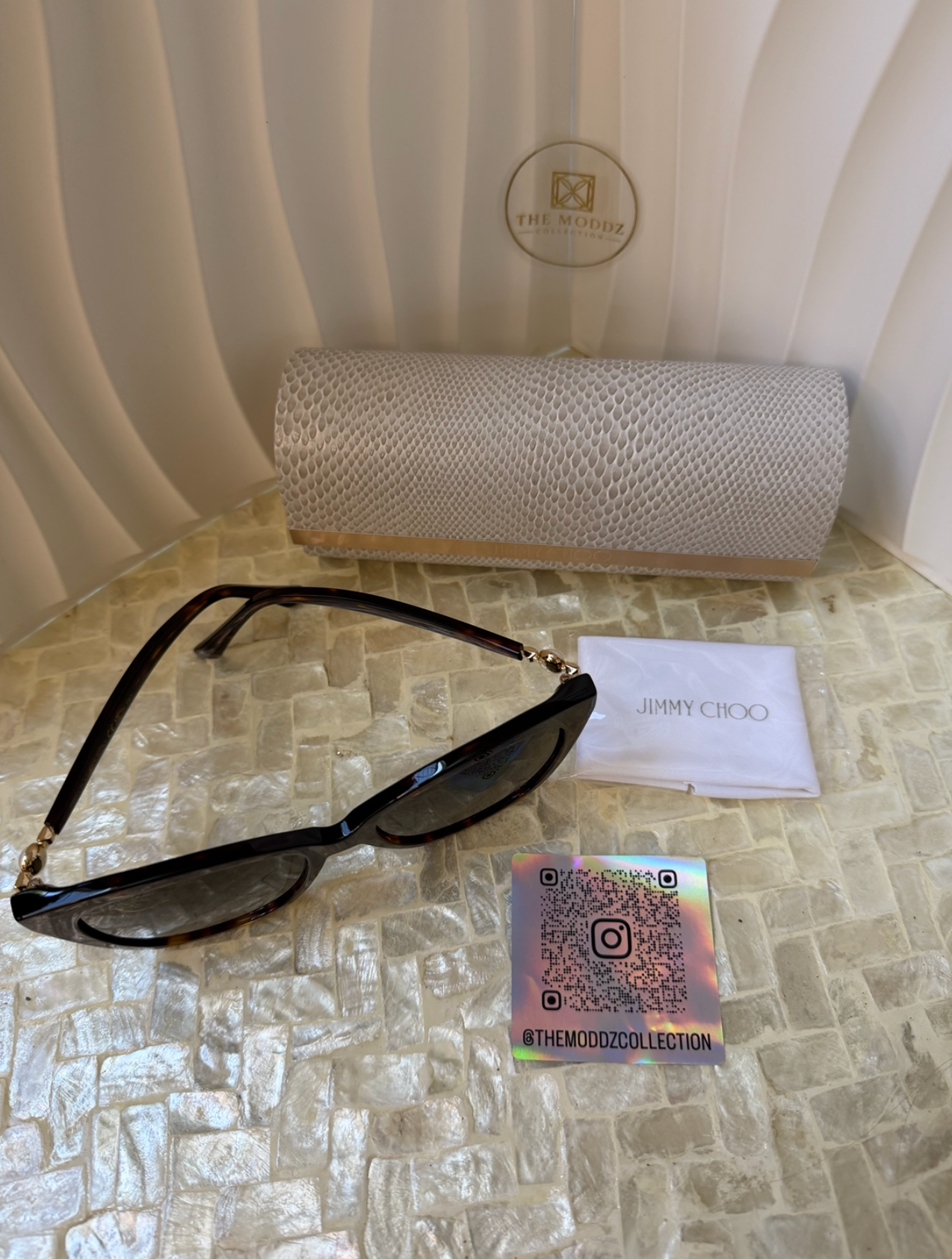 Jimmy Choo sunglasses resting on case – temple detail view