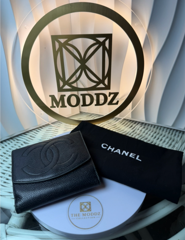 Chanel Caviar Small Wallet Black - front view with CC logo