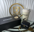 Chanel insulated tumbler cream with CC logo and quilted mini bag, original Chanel box